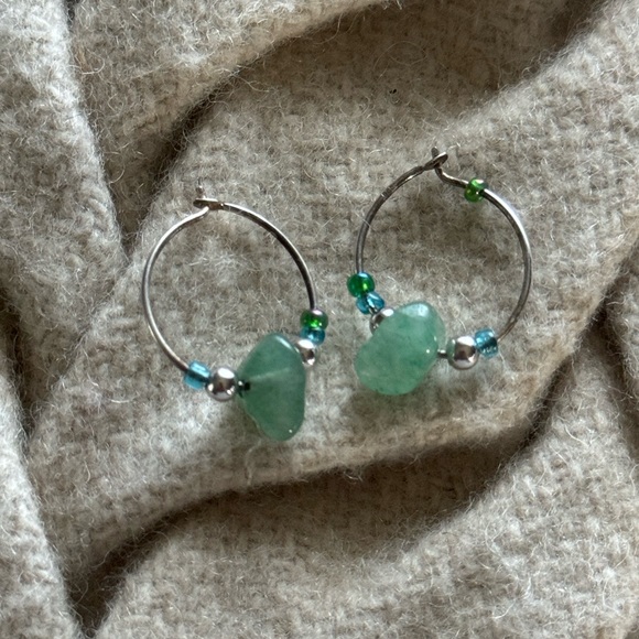Miniature Sterling Hoops with Aqua Colored Stones - Picture 3 of 3